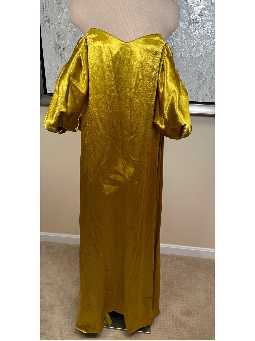 CAROLINE CONSTAS Palmer Off the Shoulder Satin Yellow Gold Maxi Dress Size S - Picture 4 of 10